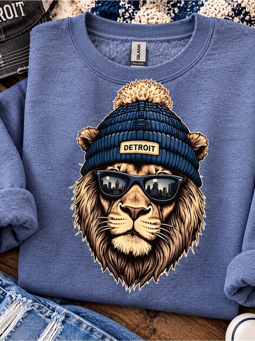 Gildan Blue Crewneck Sweatshirt with Lion Wearing Detroit Beanie Graphic